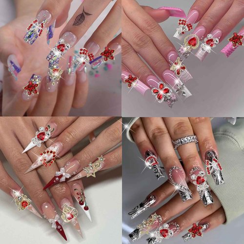 COOSLIM 24PCS Red Nail Charms Y2k Alloy Nail Art Rhinestone Charms 3D Heart Star Sailor Moon Nail Charms with Rhinestones Bear Cherry Nail Gems Shiny Jewelry Nail Decorations Supplies C