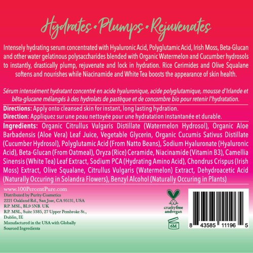 100% PURE Watermelon Cucumber Water Locking Serum for Face Moisturizing Glow Skin Care - Hyaluronic Acid Boost to Replenish Hydrate & Plump Dry Thirsty Skin, Vegan - 1.7 fl oz