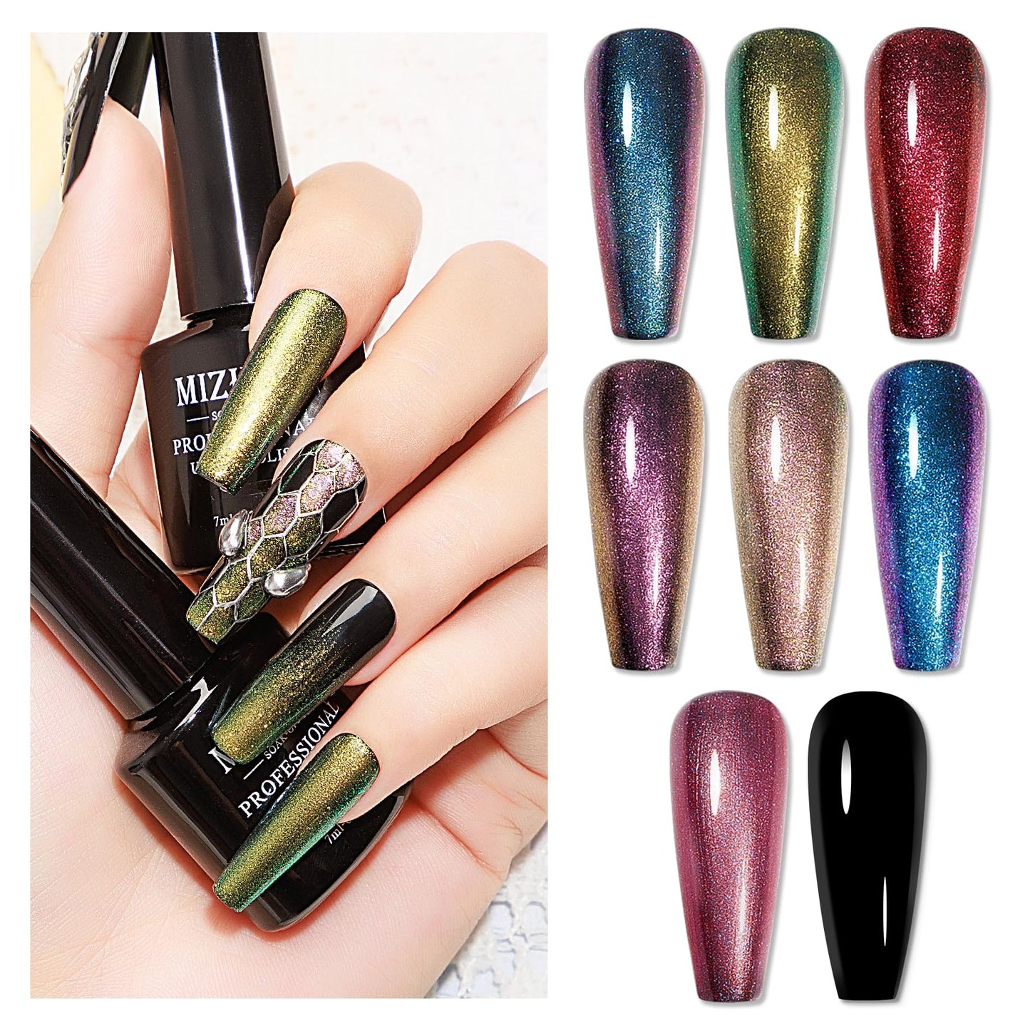 MIZHSE Chameleon Gel Nail Polish, 8 Colors Glitter Gel Polish Set with Black Polish, Dual-color Nebula Halo Blue Green Purple Shiny Nail Gel Gel Soak Off Nail Art Salon Home Christmas Gift for Ladies