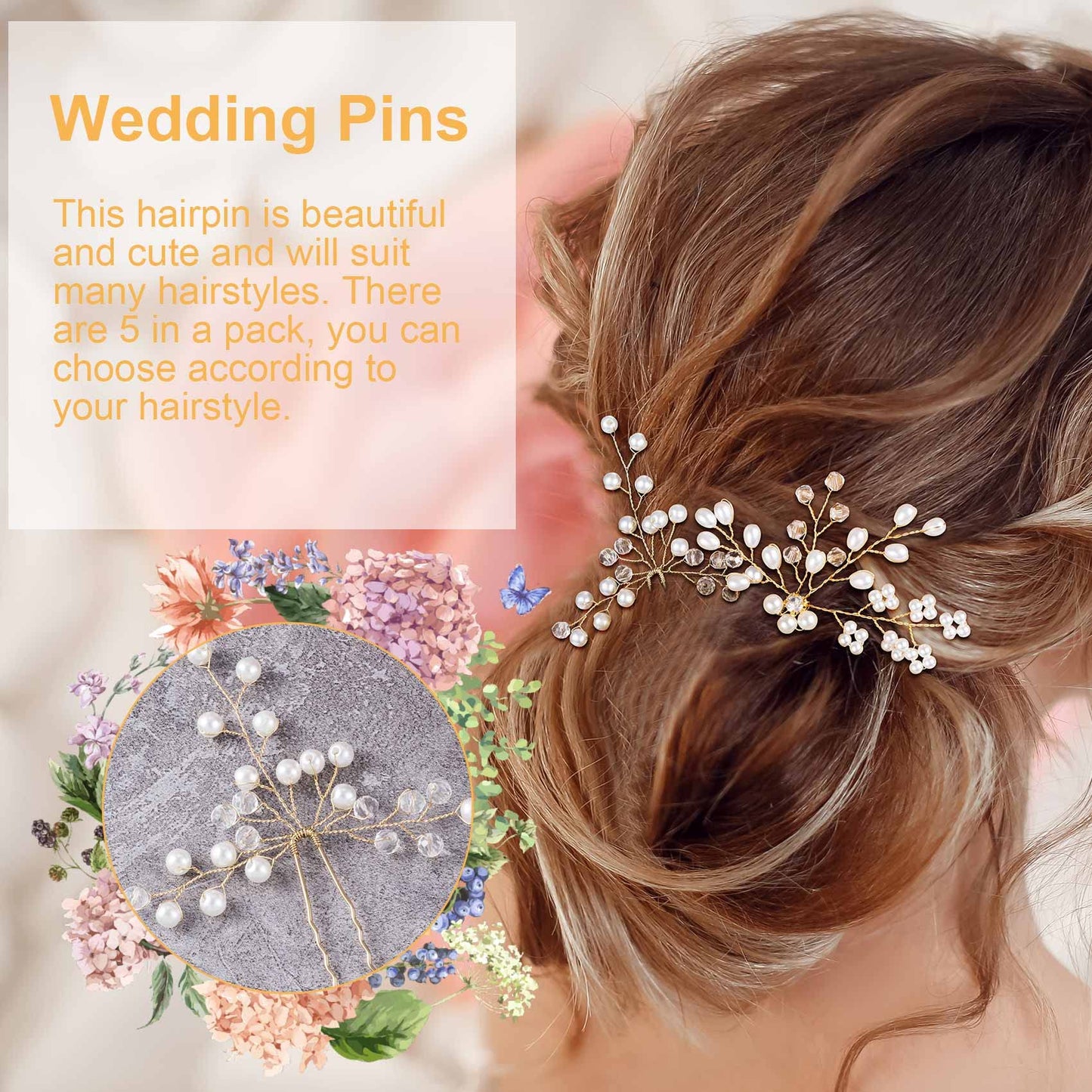 ANCIRS 5 Pack Pearl Bridal Wedding Hair Styling Pins, Bling Crystal Leaves Style Bride Head Piece, Sparkling Diamond Flower Hair Accessories for Women & Girls Bridemaids Wedding Hairstyles- Gold