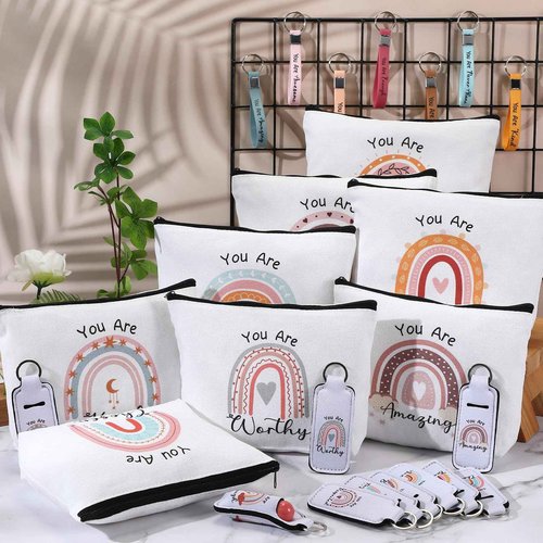 Hushee 60 Pcs Rainbow Makeup Bags Sets Inspirational Gifts Bulk for Women Motivational Cosmetic Bags Silicone Keychain Rainbow Lipstick Holder Teacher Appreciation Gift for Birthday Graduation