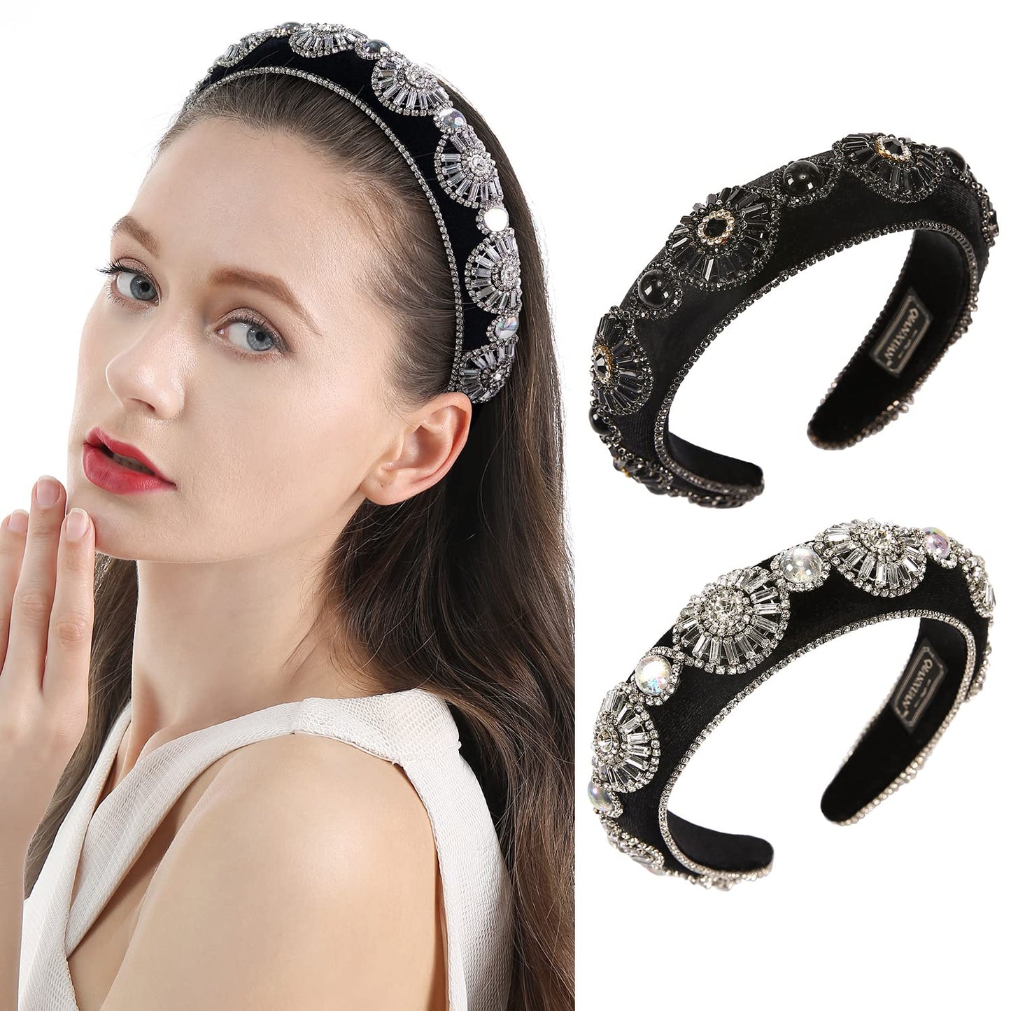 QIANXUAN Crystal Rhinestone Headbands For Women White Pearl Headbands For Girls Padded Headband Black Velvet Jewelry Chain Hairband Handmade Pearly Flower Retro Filling Diamond Hair Accessories