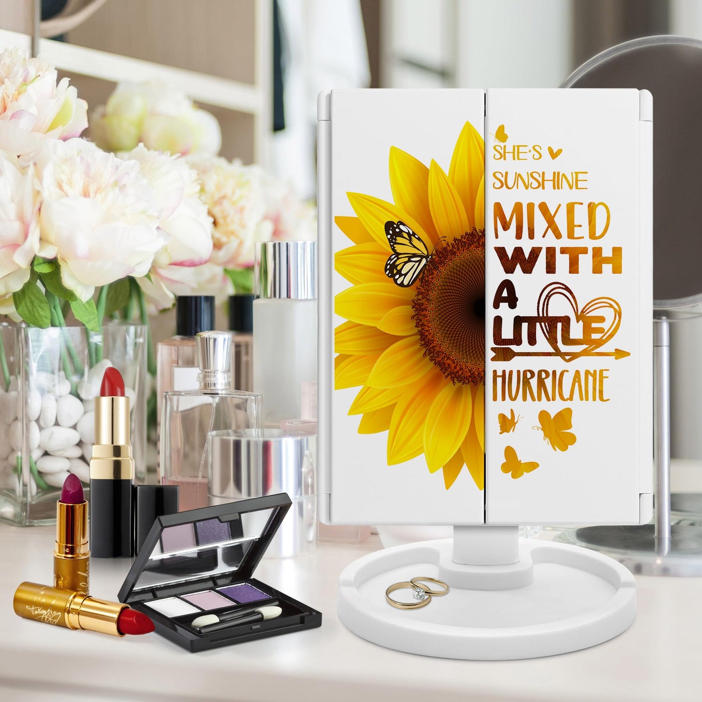 Hexagram Sunflower Gifts for Women on Mothers Day, Sunflower Birthday Gifts for Sunflower Lovers, Sunflower Makeup Mirror with Lights Gift, Sunflower Lighted Make Up Mirror Gifts for Mom, Girls