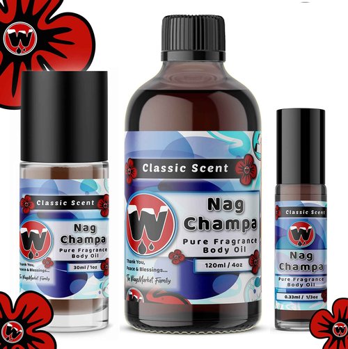 WagsMarket - Nag Champa Perfume Oil, from 0.33oz Roll On to 4oz Glass Bottle (1oz Roll-On)
