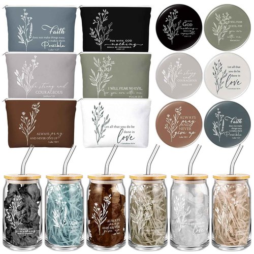 Fumete 6 Set 6 Set Christian Gifts for Women Bulk Religious Makeup Bag Bible Verse Glass Cup Mini Christian Compact Mirror Regalos Cristianos En Español for Christmas Church Gifts (Neutral Colors)