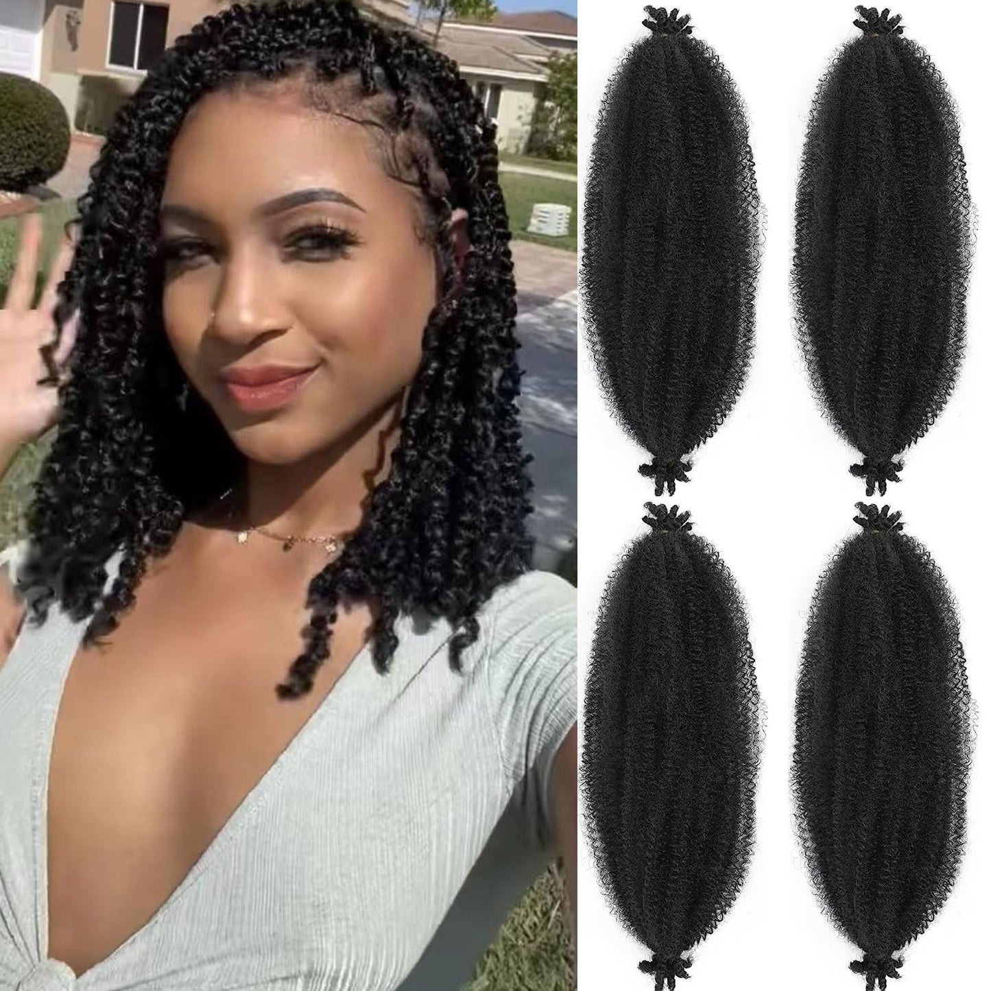 Anemoi Marley Twist Braiding Hair, 16 Inch 4 Packs Springy Afro Kinky Twist Hair For Braiding,Black Pre-Fluffed Spring Twist Hair, Twisted Up Marley Hair For Women Crochet Braids(16inch,4packs,1B#)