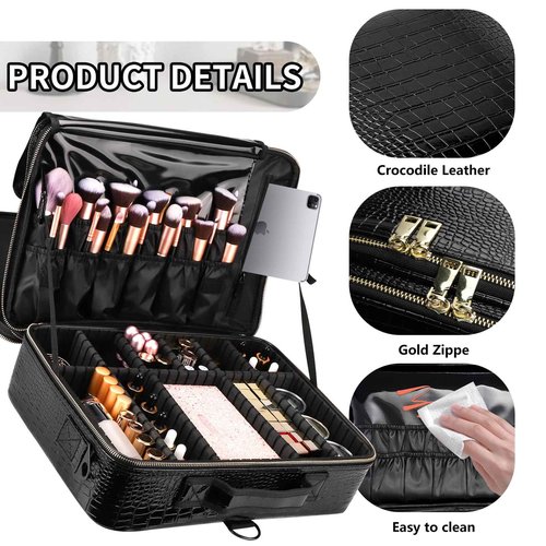 gzcz Large Capacity Travel Makeup Case Organizer,Professional Cosmetic Bags for Women,Waterproof PU Leather Makeup Bag with Adjustable Dividers and Shoulder Strap for Brushes and Jewelry