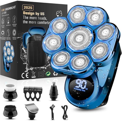 9D Electric Head Shaver for Bald Men, Upgraded 5-in-1 Waterproof Wet/Dry Grooming Kit Electric Shaver for Men, Cordless Rechargeable Bald Head Razor for Home&Travel