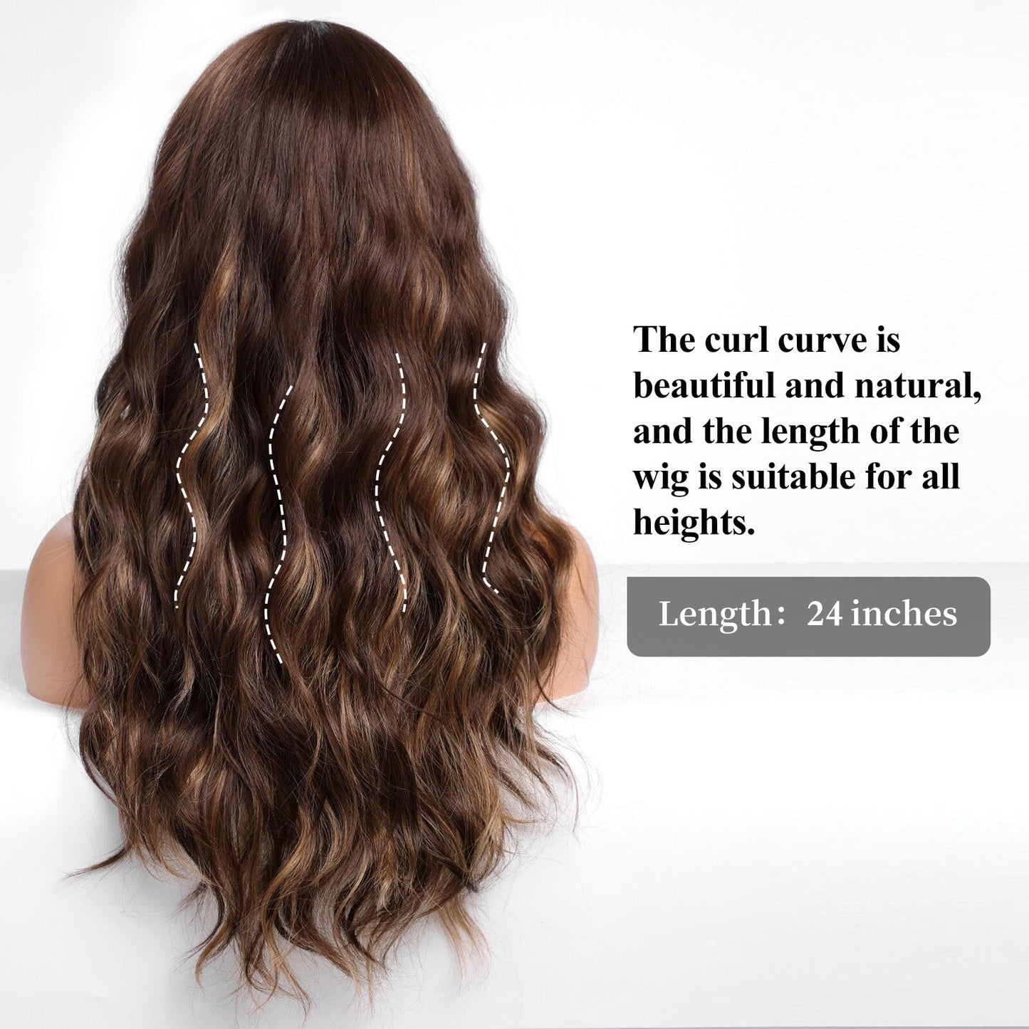 HAIRCUBE Brown with Blonde Highlight Wig Long Curly Wig with BangsNatural Appearance Heat-Resistant Synthetic Wig Suitable for Fashionable Women