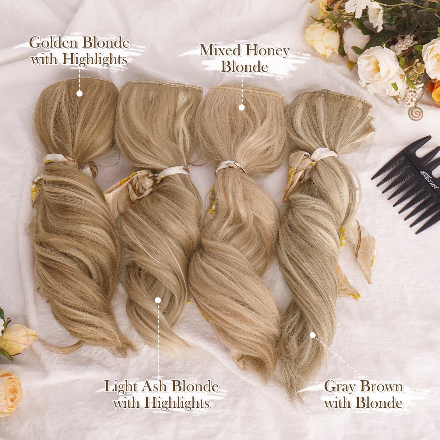 BARSDAR Wavy Clip in Hair Extensions - 6PCs 12 Inch Highlight Clip in Hair Extensions for Women - Full Head Thick Soft Synthetic Clip in Hairpieces Daily - Golden Blonde with Highlights