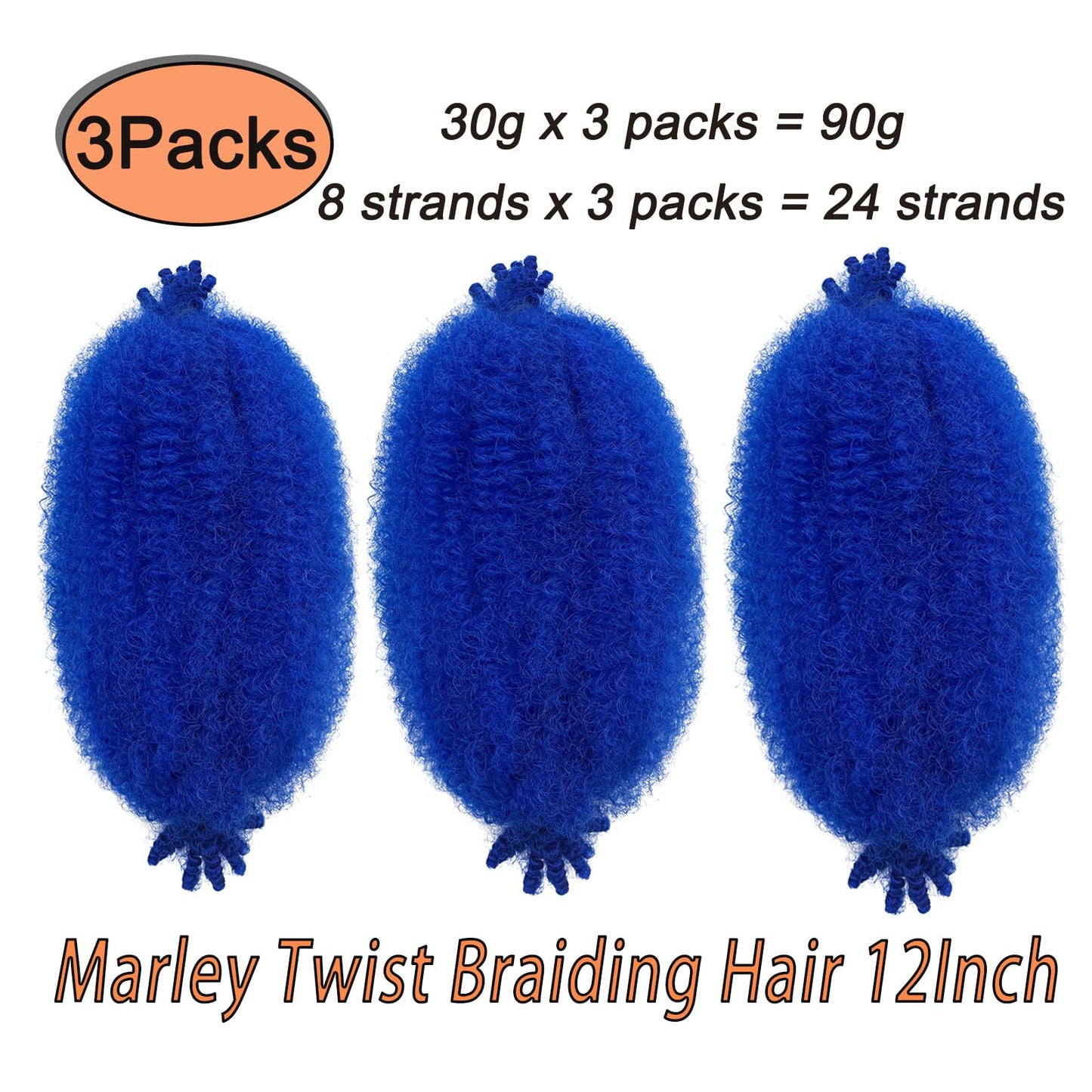 3 Packs Springy Afro Twist Hair 12 Inch Marley Twist Braiding Hair Wrapping Hair for Soft Locs Crochet Hair Pre Fluffed Marley Kinky Braiding Hair Synthetic Extensions (Blue#, 12 Inch(Pack of 3))