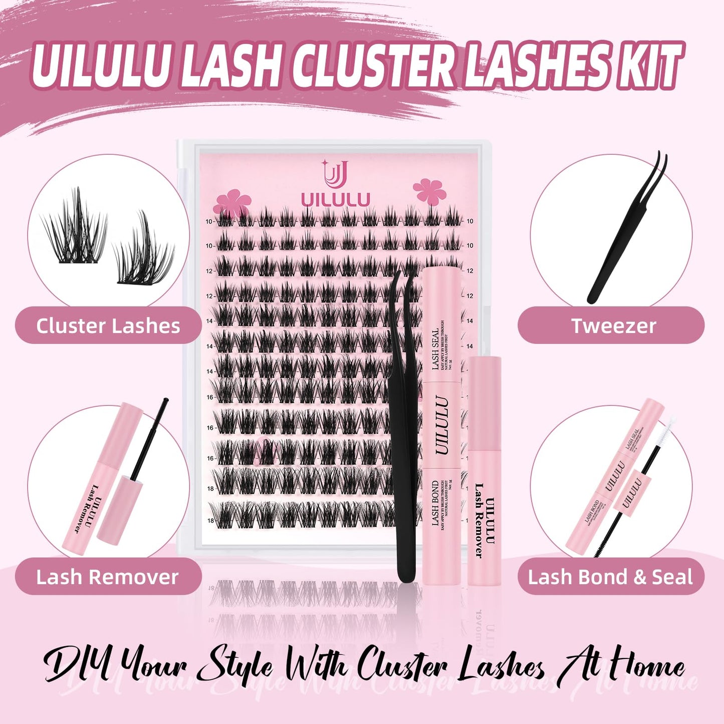 Uilulu Lash Clusters Kit 10-18mm Natural Lashes Clusters D Curl False Eyelash Clusters, DIY Lash Extension Kit with Lash Bond & Seal, Lash Glue Remover, Lash Tweezers(U06 Lash Kit)