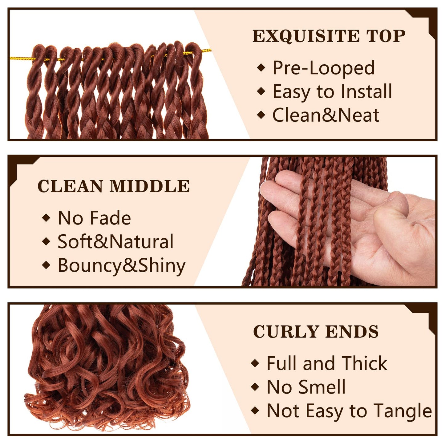 COOKOO 14 Inch 9 Pack Copper Red Pre Looped French Curly Box Braids Crochet Hair Ginger French Curl Braiding Hair Bouncy Loose Wave Crochet Box Braids for Black Women 350#