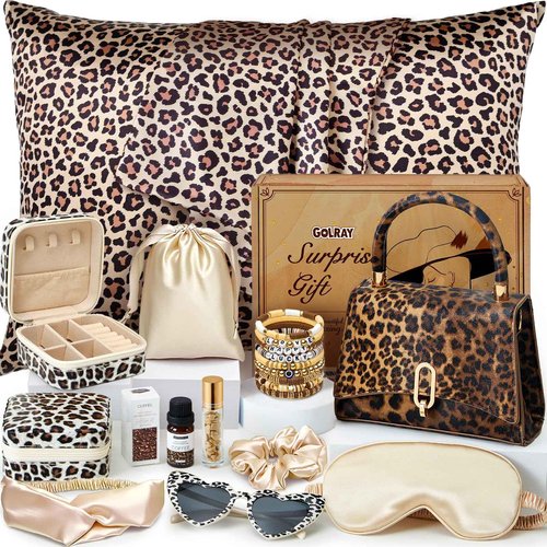 Golray Gifts for Teen Girls - 19Pcs Teenager Gifts Basket with Brown Leopard Satin Pillowcase/Handbag, Christmas Birthday Gift Set for Women Daughter Sister Niece Tween Girl Kid Toy Age 10 12-18+