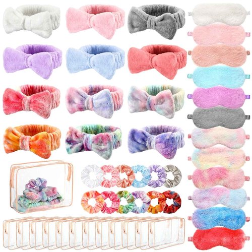 Kajaia 48 Pcs Sleepover Party Supplies for Women Slumber Party Supplies for Girls Spa Favor Headband Eye Mask Hair Scrunchies Toiletry Bag(Motley,Fresh)
