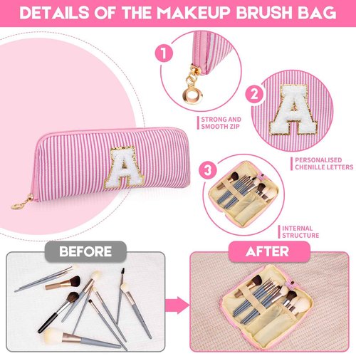 Junesters Initials Makeup Bag Set, Personalized Pink Cosmetic Bag, Cute Large Make up Bags, Travel Toiletry Bag for Women Girl Gifts M (Pink)