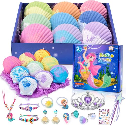 Tacobear Shell Bath Bombs for Kids Girls with Surprise Inside, 9Pcs Big Organic Natural Bubble Bath, Jewelry Set, Crown, Magic Wand, Sticker, Easter Basket Stuffers Mermaid Christmas Birthday Gift Toy