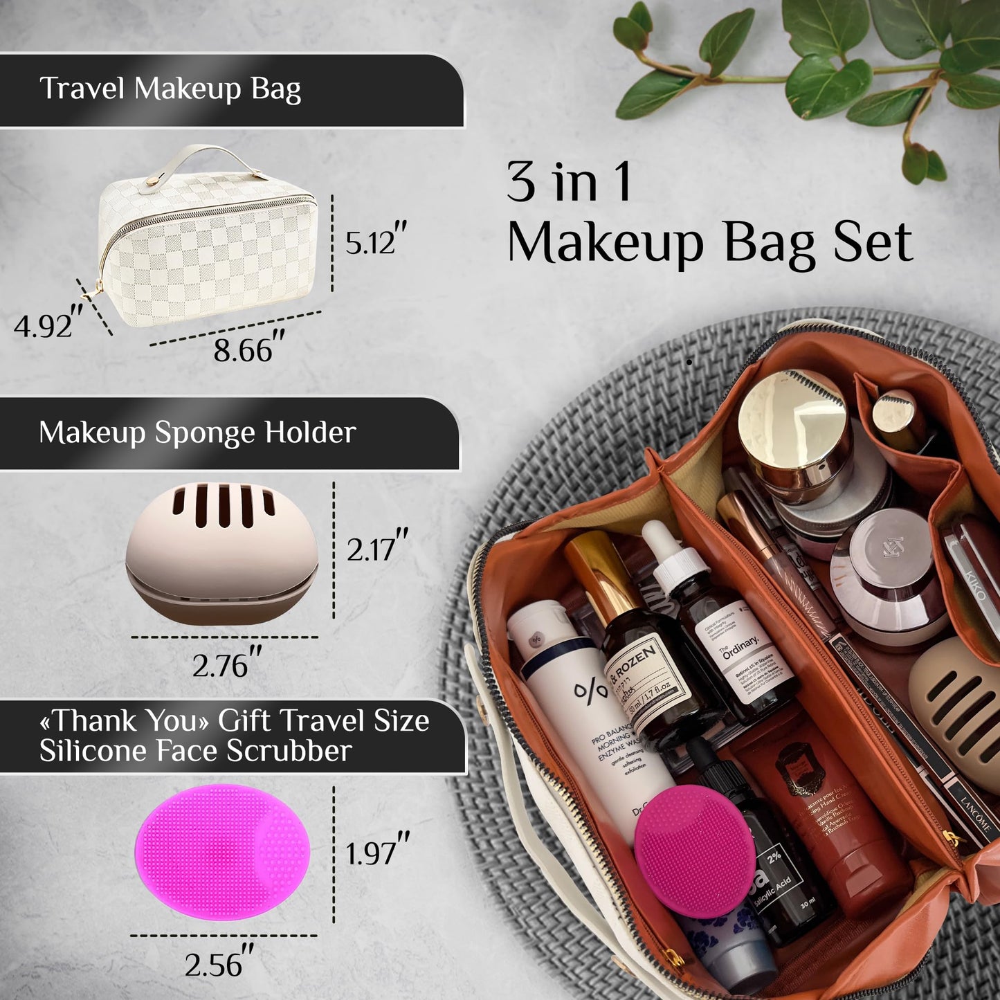 Travel Make Up Bag with Compartments, Flat Toiletry Bag, Makeup Toiletry Travel Bag, Open Flat Waterproof Makeup Bag with Handle, Portable Makeup Bag Organizer Travel Makeup Bag with Dividers (White)