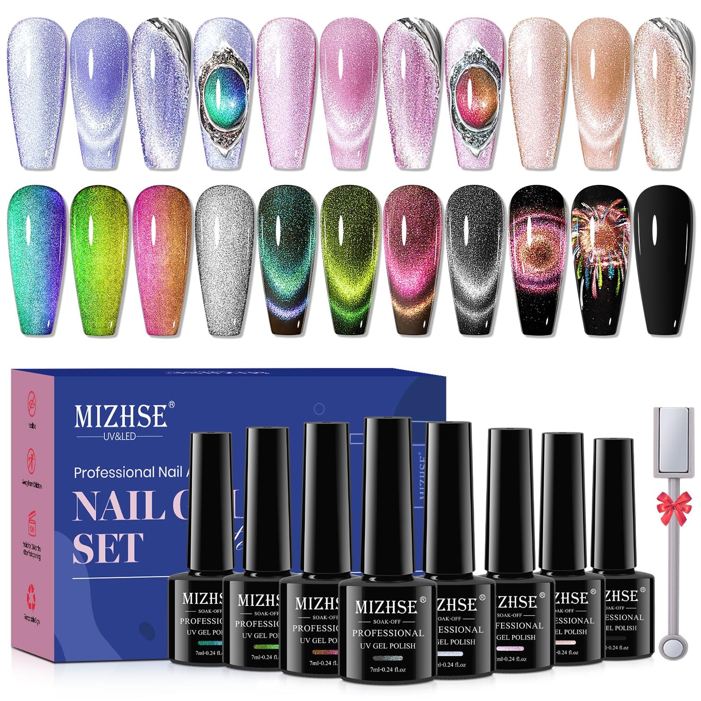 MIZHSE Cat Eye Gel Nail Polish Set 8 Colors with Magnet Stick: 9d Cat Eye Gel Polish and Shiny Wide Cat Eye Gel Set, Classic Holographic Glitter Galaxy Colors UV Gel Nail Kit for Nail Salon Home DIY