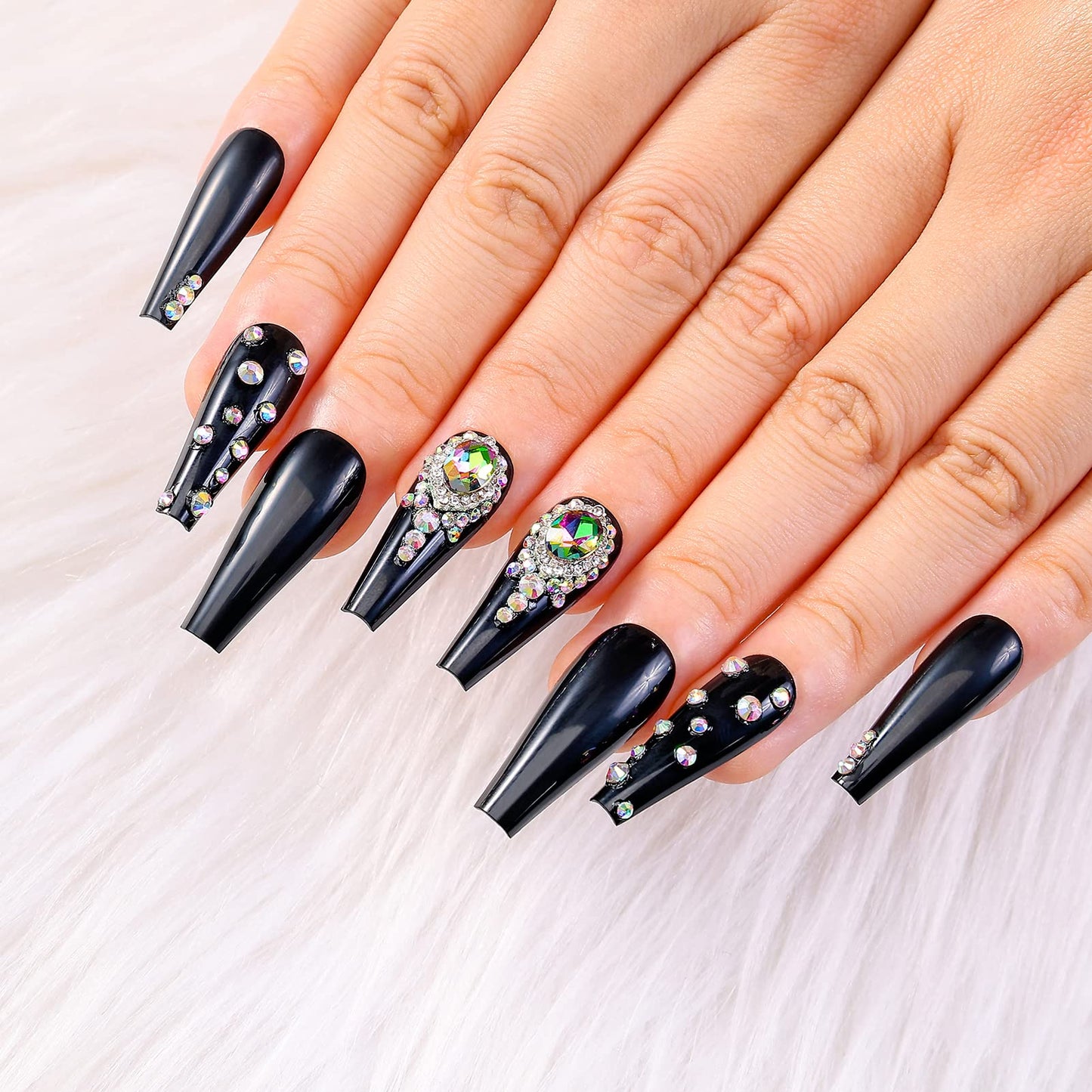 Artquee 24pcs Press on Nails Luxury Gem Black Ballerina Rhinestones Long Coffin Glossy Fake Nails False Tips Manicure for Women