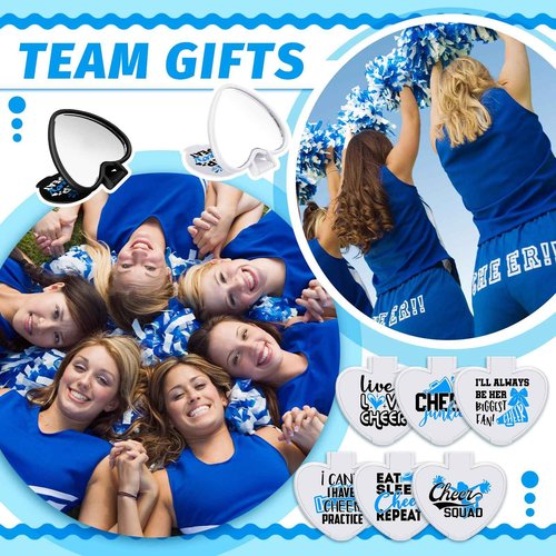 Threehoney 48 Pcs Cheerleader Mirror Gifts Bulk Cheerleading Compact Mirror Bulk Mini Heart Shaped Folding Pocket Makeup Purse Cheer Inspirational Cheer Gifts Party Favors for Team (Blue)
