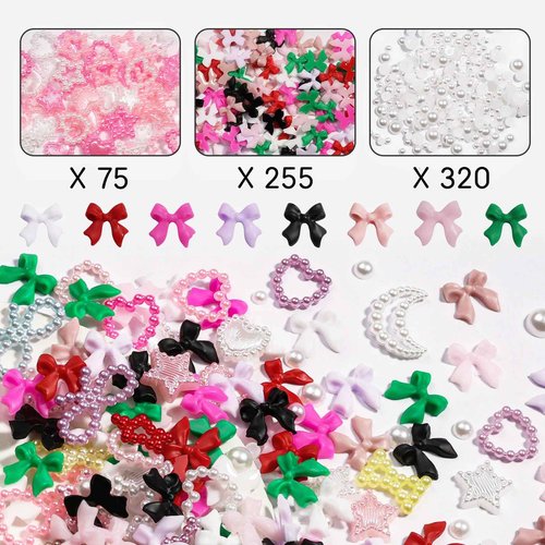 650+ Pcs 3D Nail Art Charms Kit with Flatback Pearls - 8 Colors Bow Charms, Star Moon Heart Jewels & 3-6mm Mixed Size Pearls for Professional Manicure Designs, Includes Dual-End Brush and Tweezers