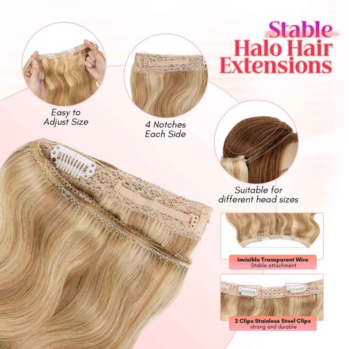 Rich Choices Halo Hair Extensions Real Human Hair Wave Wire In Hair Extensions Human Hair One Piece Clip in Human Remy Hair Halo Hair Extension 12 Inch #18P613 Ash Blonde Mixed Bleach Blonde