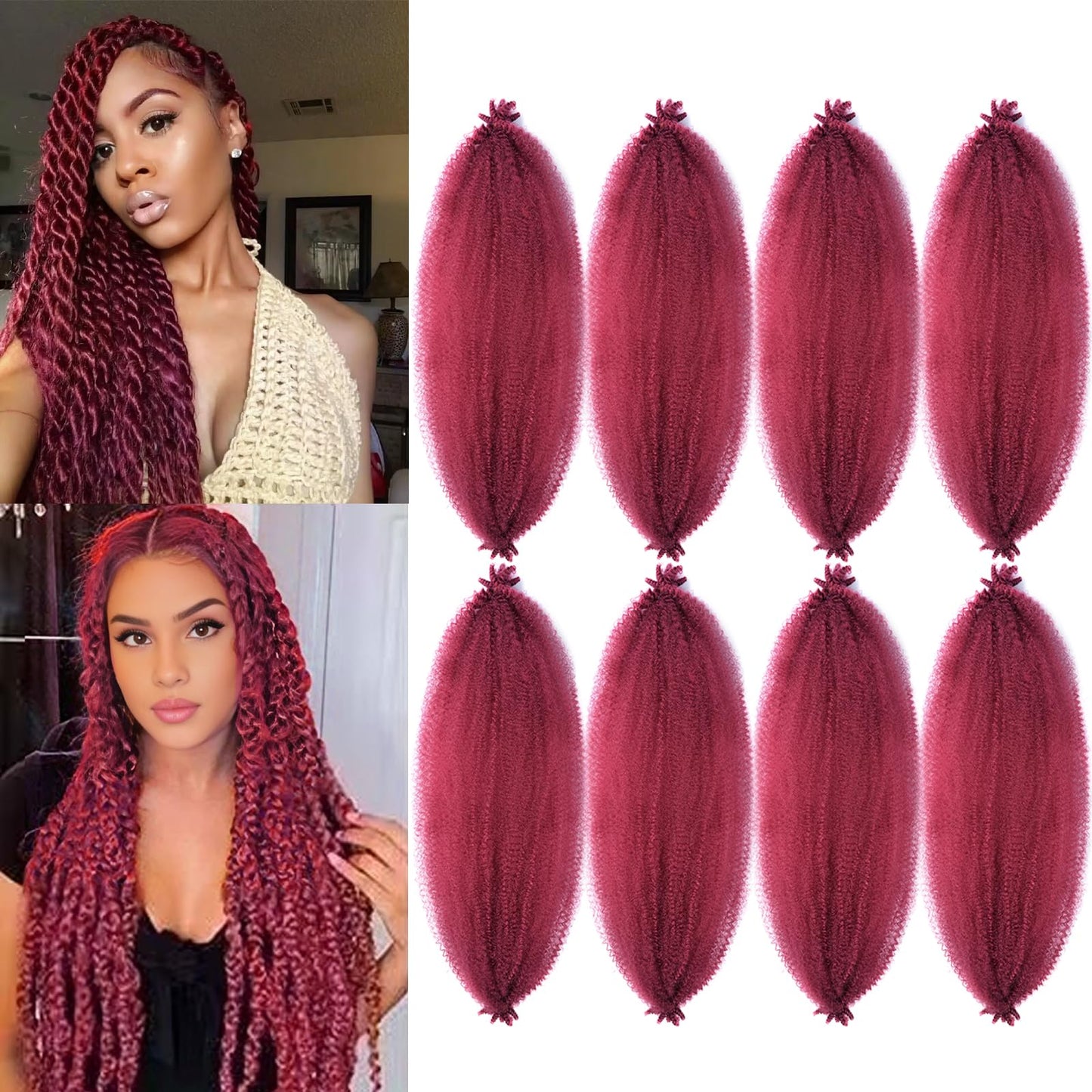 Marley Twist Braiding Hair,8 Packs 24 Inch Springy Afro Twist Hair 50G/Pack Kinky Twist Hair for Burgundy Spring Twist Crochet Hair Curly Braiding Hair Extension(24 Inch,8Pack,Bug#)