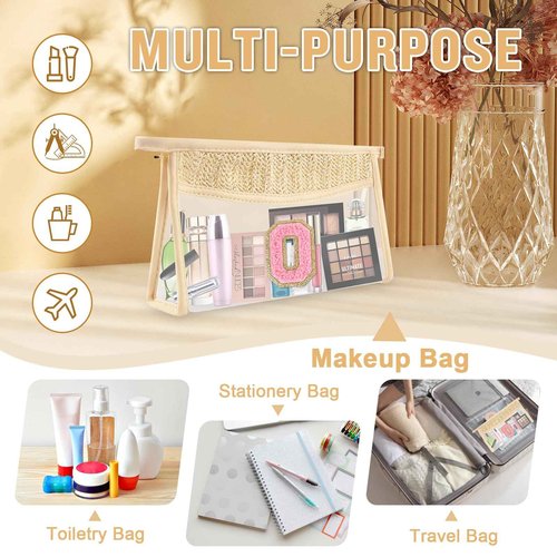 Boho Straw Clear Initial Makeup Bag, Small Cute Cosmetic Zipper Pouch Beige Chenille Varsity Letter Toiletry Bag, Monogrammed Travel Toiletry Makeup Organizer Personalized Gifts for Women(Letter O)