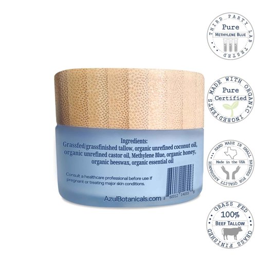AzulBotanicals Methylene Blue Infused Whipped Grass Fed Beef Tallow Balm, Anti-Aging, Moisturizer, Stretchmarks, Rosacea, Psoriasis, Eczema, Acne, All skin types, Organic Ingredients 1.7oz