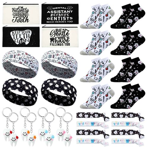Blushtier 40 Pcs Dental Hygienist Gifts Set Dental Assistant Gift Dentist Appreciation Gifts Include Cosmetic Bags Socks Keychains Headbands Hair Ties Women Patients Dental Assistant Week Accessories