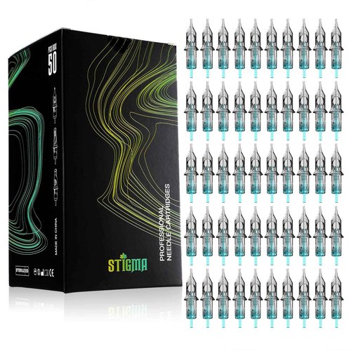 STIGMA Aquamarine Knight Tattoo Cartridge Needles #12(15RM) 50Pcs 0.35mm Standard Disposable Tattoo Needles Cartridges with Membrane Curved/Round Magnum EN02B-50-OF1215RM