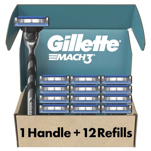Gillette Mach3 Shaving Razor for Men, Razor Handle, 12 Blade Refills