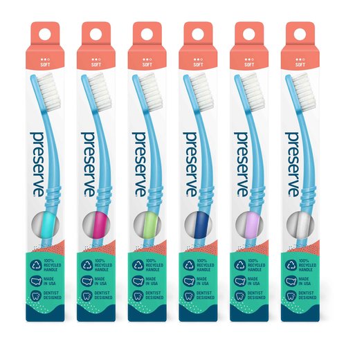 Preserve Eco Friendly Adult Toothbrushes, Made in The USA from Recycled Plastic, Soft Bristles, Paperboard Package, Colors Vary, 6 Count (Soft)