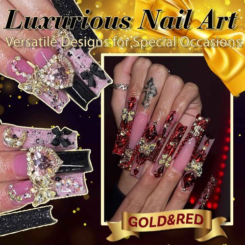 40 PCS Gold Nail Charms Set Pink Rhinestone Butterfly Nail Gems Cherry Rose Cross Heart Charms for Nails Planet Bow Nail Decorations for Nail Design Nail Art Supply