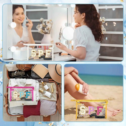 AsodSway Preppy Patch SPF Cosmetic Bag, Christmas Gift SPF Varsity Letter Clear Toiletry Bag Waterproof PVC Cosmetic Case Multi-Function Zippered Pouch Makeup Bag for Beach Pool, Pencil Pouch(White)