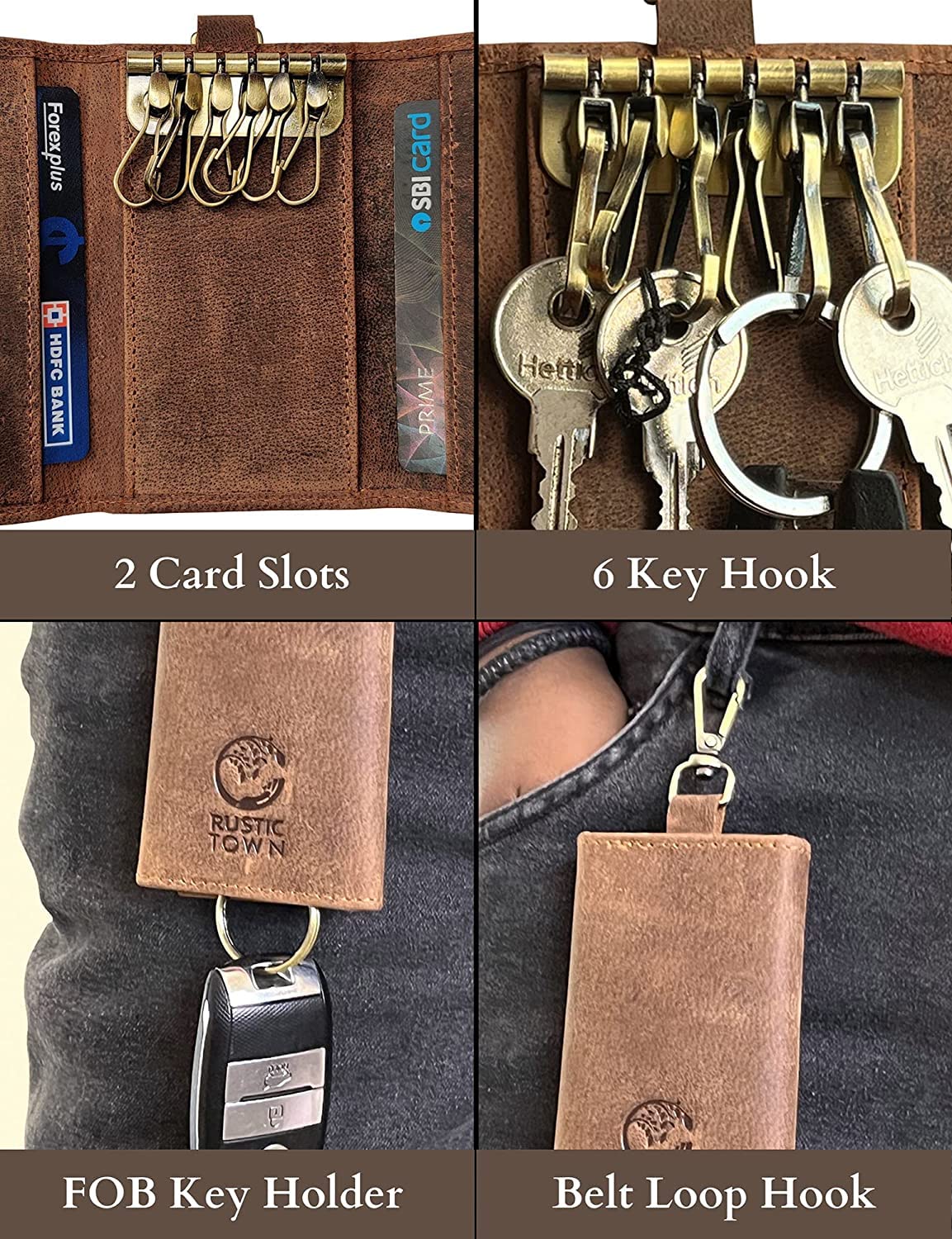 Leather Key Holder - Smart Fob Car Key Loop - Leather Key Pouch Wallet Slim Keychain with 6 Key Holder - Stylish and Practical Key Organizer for Men and Women