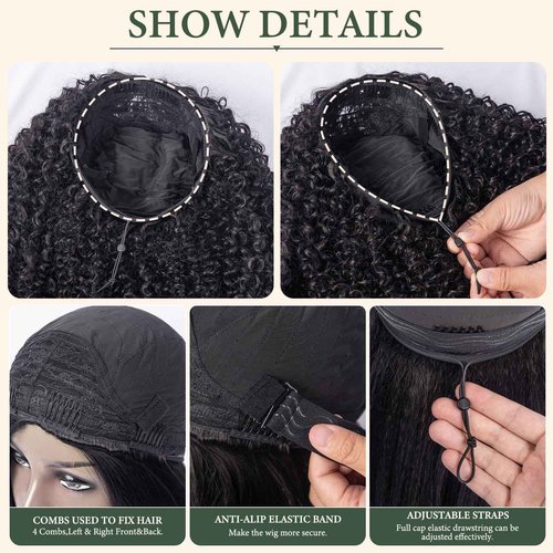 Prosa Kinky Curly Half Wig, 3-in-1 Synthetic Hair with Drawstring Headband, Clip-in Glueless Seamless Flip Over Design, Color 1B, for Women (16inch)