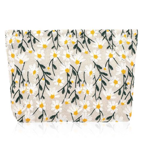 YBEATY Large Makeup Bags Travel Capacity Canvas Make Up Organizer Cute Daisy Purse Cosmetic Pouch Toiletry Brushes Zipper Storage Tool for Women Girls Teen (White)