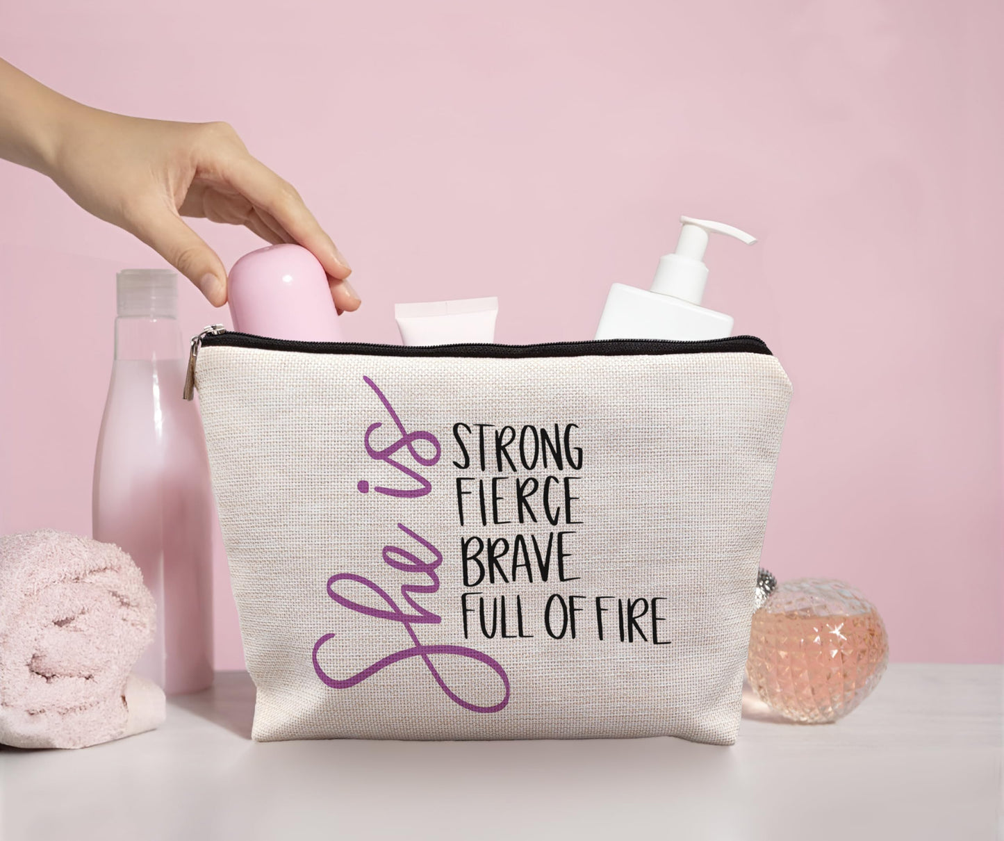 uinwk Inspirational Makeup Bag,Women Empowerment Gift,Woman Power Gifts,She Is Strong Fierce Brave Full Of Fire Cosmetic Bag,Gifts For Mom Grandma Friends Girls