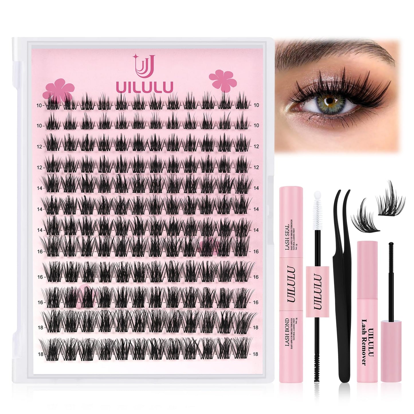 Uilulu Lash Clusters Kit 10-18mm Natural Lashes Clusters D Curl False Eyelash Clusters, DIY Lash Extension Kit with Lash Bond & Seal, Lash Glue Remover, Lash Tweezers(U06 Lash Kit)