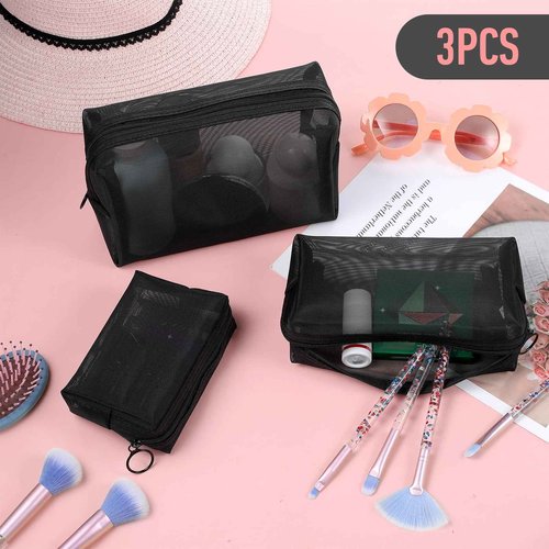 Wanmu 3Pcs Mesh Makeup Bags, Mesh Cosmetic Bag, Portable Toiletry Bag, Travel Organizing Zipper Pouch, Toiletries Makeup Pouches, Black Breathable Mesh for Home Office Travel Accessories