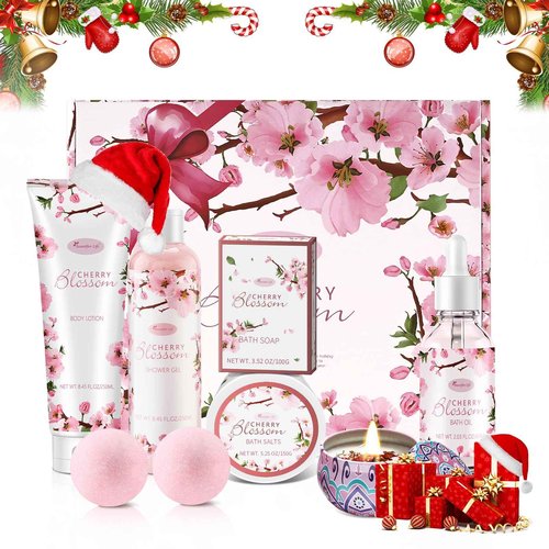 Beautifier Life Bath and Body Gift Set for Women - Luxurious Home Spa Gift Set,Japanese Cherry Blossom 7-Piece Set Including Shower Gel,Body Lotion,Bath Oil,Bath Salt,Soap,Bath Bombs and Candle