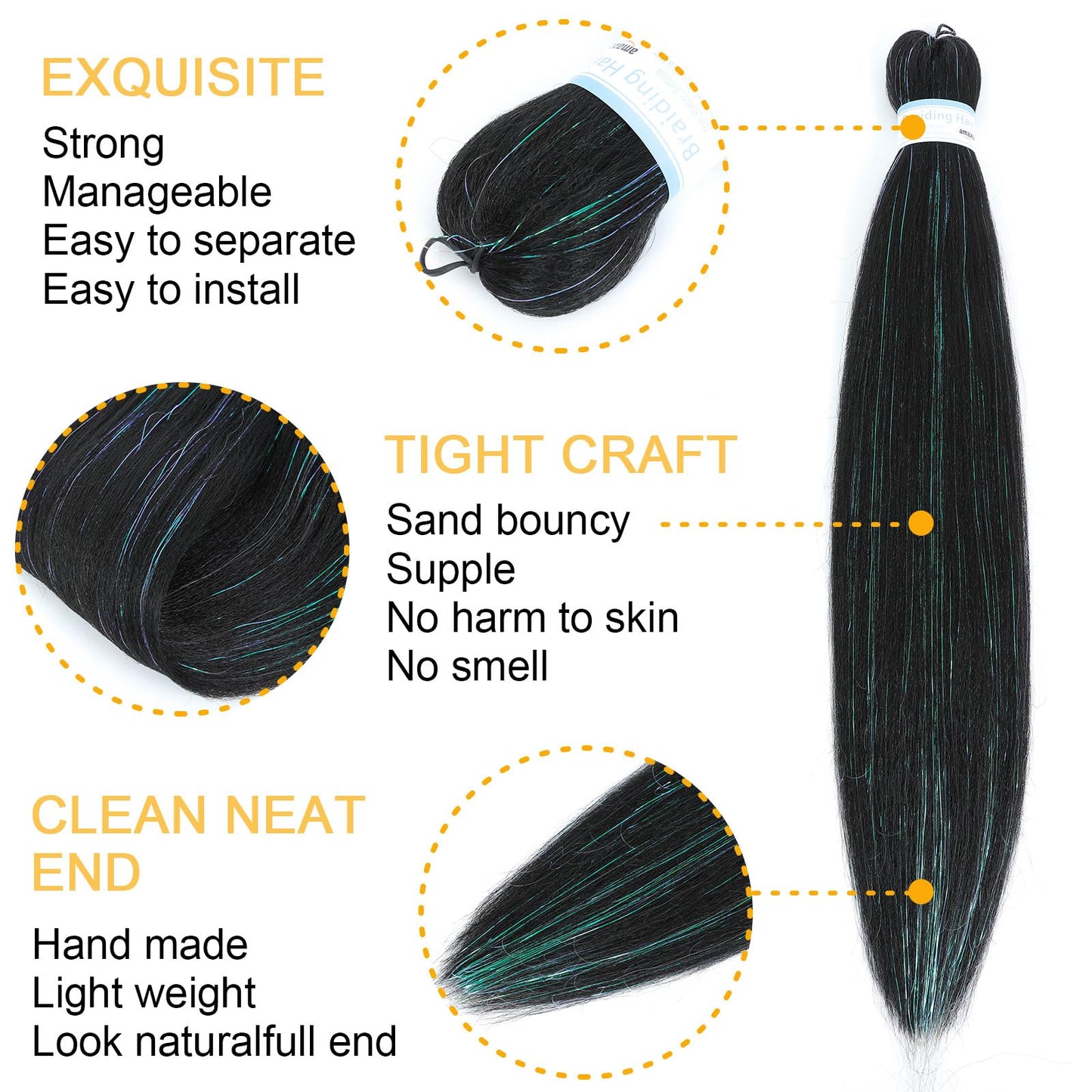 Braiding Hair Pre Stretched for Women Hair Extensions Box Braids Soft Synthetic Knotless Yaki Texture Hot Water Setting Braid with Tinsel Black (24inch 3Packs)