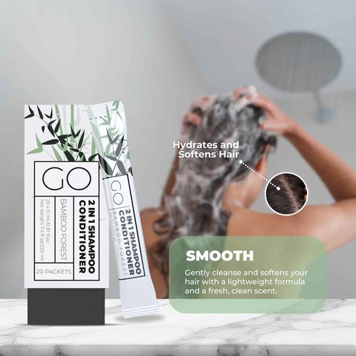 GO Essentials Travel Size Shampoo and Conditioner Set of 80 – 2 in 1 Single Use Travel Shampoo and Conditioner (Sulfate Free) - Hotel Amenities, Homeless Care Kit, Camping.