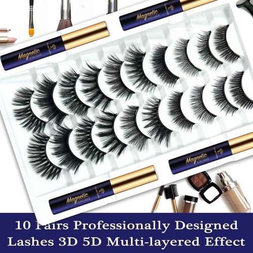 3D Magnetic Eyelashes with Eyeliner Kit - 7C SevenCrown Magnetic Lashes Natural Looking with Upgraded 4 Tubes of Liner Waterproof, Long Lasting,Mix 10 Pairs Reusable Easy False Eyelashes