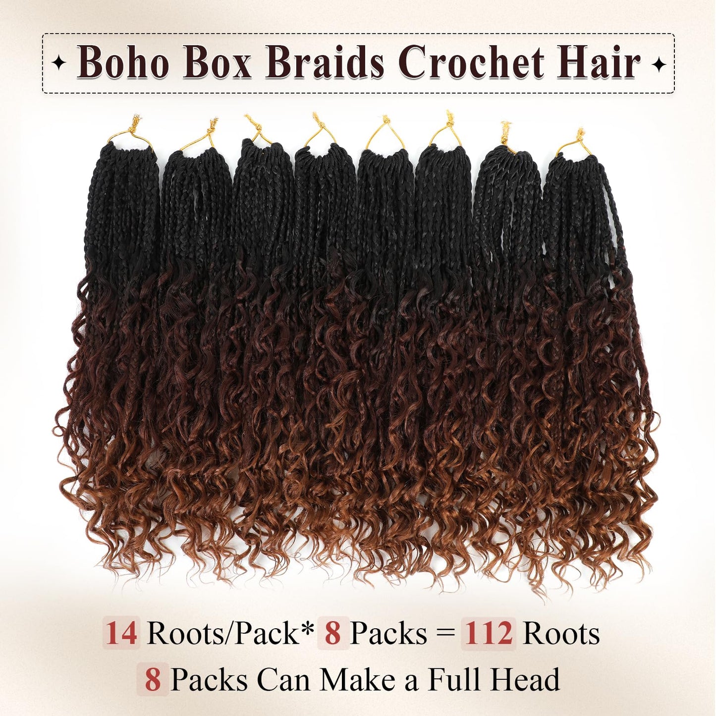 Boho Box Braids Crochet Hair 8 Packs Boho Crochet Braids Pre Looped 1B/33/30 Goddess Box Braids Crochet Hair for Black Women 18 Inch Boho Braids Crochet Hair Extension