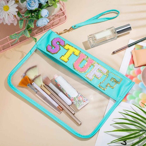 Sanwuta 2 Pcs Chenille Letter Clear Zipper Pouch Clear Snacks Bag Makeup Letter Bag Stadium Purse Transparent Travel Patch Pouch(Cute Stuff, Beach,Blue, Purple)