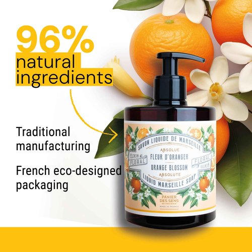 Panier des Sens - Moisturizing Hand Soap - Orange Blossom Gourmand Fragrance - French Traditional Savon de Marseille Soap - Refillable Kitchen & Bathroom Soap - 16.9 Fl.oz Liquid Hand Wash 96% Natural