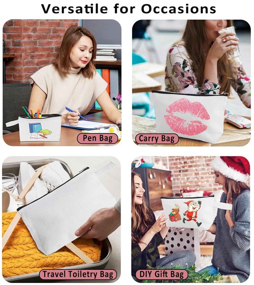 Koolmox 20 Pack 12Oz Blank Makeup Bags with Bottom and Strap, Multi-purpose Large Canvas Zipper Toiletry Organization Pouch Blank Bag for HTV Crafts (White Bag w/Black Zipper, L, 12.2x7.4x 2.7'')